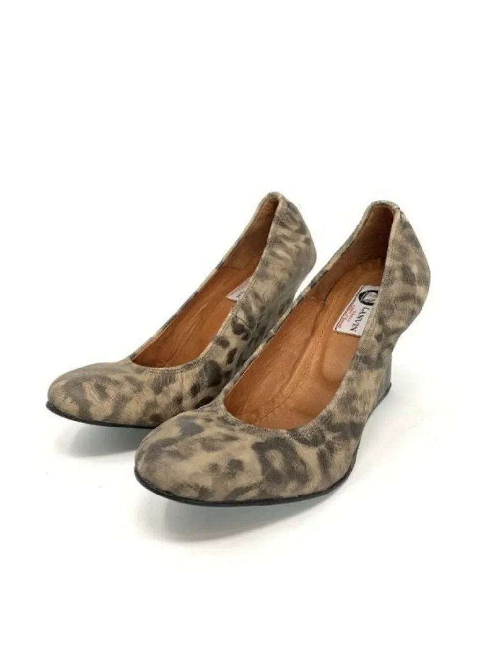 Lanvin Leopard Print Wedge Heels Round Toe Size 39 Leather Sole Made In Italy